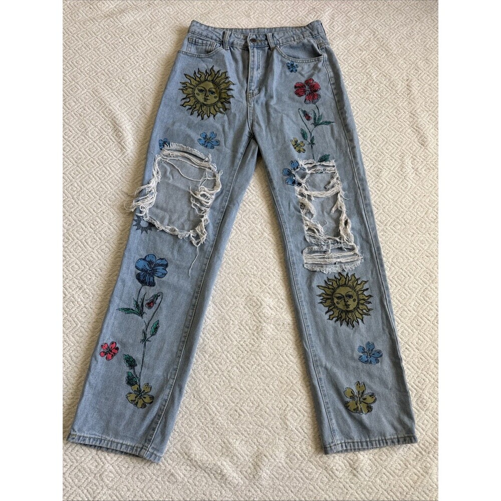 Shein Blue Jeans Distressed Sun & Floral Painted Denim Womens Size M
